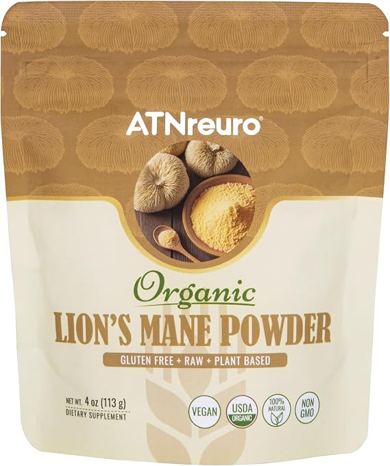 Organic Lion's Mane Mushroom Powder, 4oz 100% Pure & Natural,Brain Health Support for Memory, Focus & Nerve Regeneration,Premium Quality, Non-GMO,Gluten-Free,Vegan, Nootropic Brain Supplement