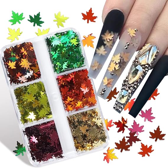 6 Grids 3D Fall Nail Art Stickers - Fall Glitter Maple Leaf Nail Decals - Autumn Nail Glitter Sequins - Holographic Laser Leaves Glitter Flakes Thanksgiving Nail Art Sticker Autumn Nail Art Decoration