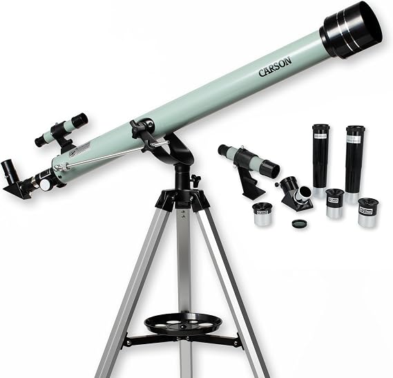 Carson Stara 60AZ Refraktör Teleskop, 675 kata kadar çocuklar ve yetişkinler için, 3 mercekli teleskop aksesuarları, Tripod, Barlow Lens, Dik Lens, Ay Filtresi, Finderscope (SR-100)