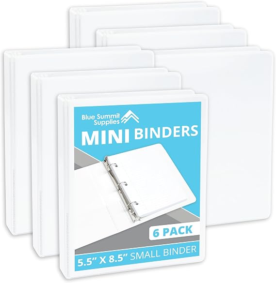 Blue Summit Supplies Small 3 Ring Binder for 5.5" x 8.5" Paper, White 6 Pk | fits 5.5 x 8.5 in half letter paper, 1 in round rings, mini binder, clear pockets, for playbills, planners, recipes