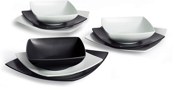 Excelsa 61537_Bianco/Nero effetto mat Eclipse Square Plate Service, Ceramic, Black, White