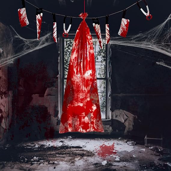 67 Inches Halloween Scary Decorations Hanging Dead Victim Body Props in Bag, Fake Corpse with Horror Garland Banner for Haunted House Tree Outdoor Spooky Party Decor