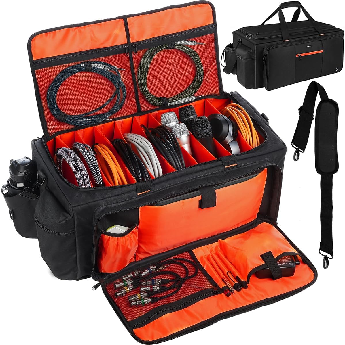 Large DJ Bag with 9 Hard Removable Dividers，DJ cable bag with heavy oxford cloth & Padded Shoulder Strap，for Professional DJ Gear, Musical Instrument and Accessories