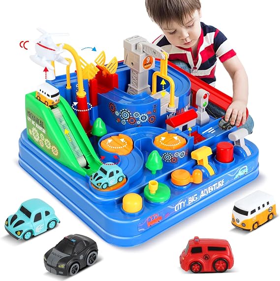 TODARRUN Car Race Track Toy for Boys Girls Age 3-6, Car Adventure Playset 6 Interactive Buttons 9 Challenges, STEM Learning City Rescue Vehicle Set, Birthday for Kids 3 4 5 6 Year Old