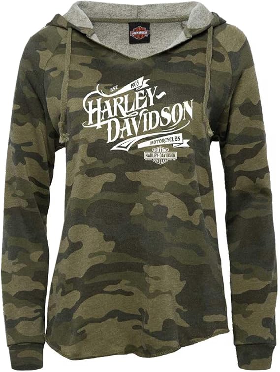 Harley-Davidson Women's Release Camo Raw-Edge Curved Hem Pullover Hoodie