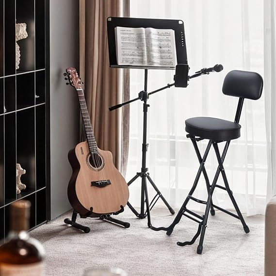 Foldable Guitar Stool with Built-in Stand Padded Musician Stool & Bass Chair, Ergonomic Backrest & Footrest, Heavy-Duty Metal Frame, Non-Slip Feet Compact & Portable Black (Black)