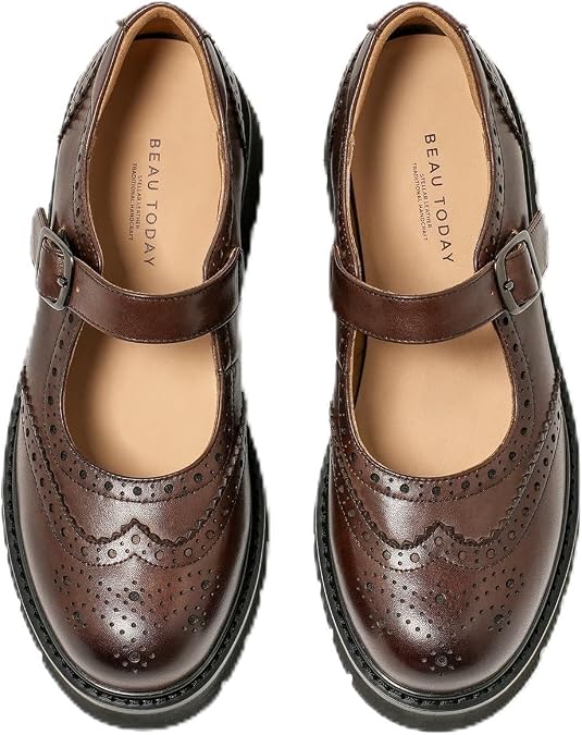 BEAU TODAY Mary Jane Shoes Women Wingtips Oxford Shoes Comfort Leather Round Toe Brogue Non-Slip Dressy Casual Cute School Work Shoes