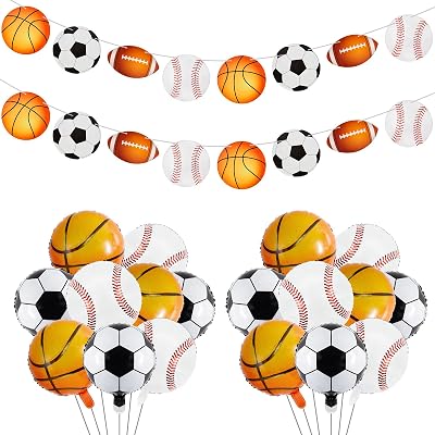 Sumind 8 Pieces Sports Birthday Party Decorations Sports Foil Balloon Set Include 6 Pcs 18 Inch Aluminum Balloons, 2 Pcs Garland Banners for Boy Baby Shower Birthday Themed Party
