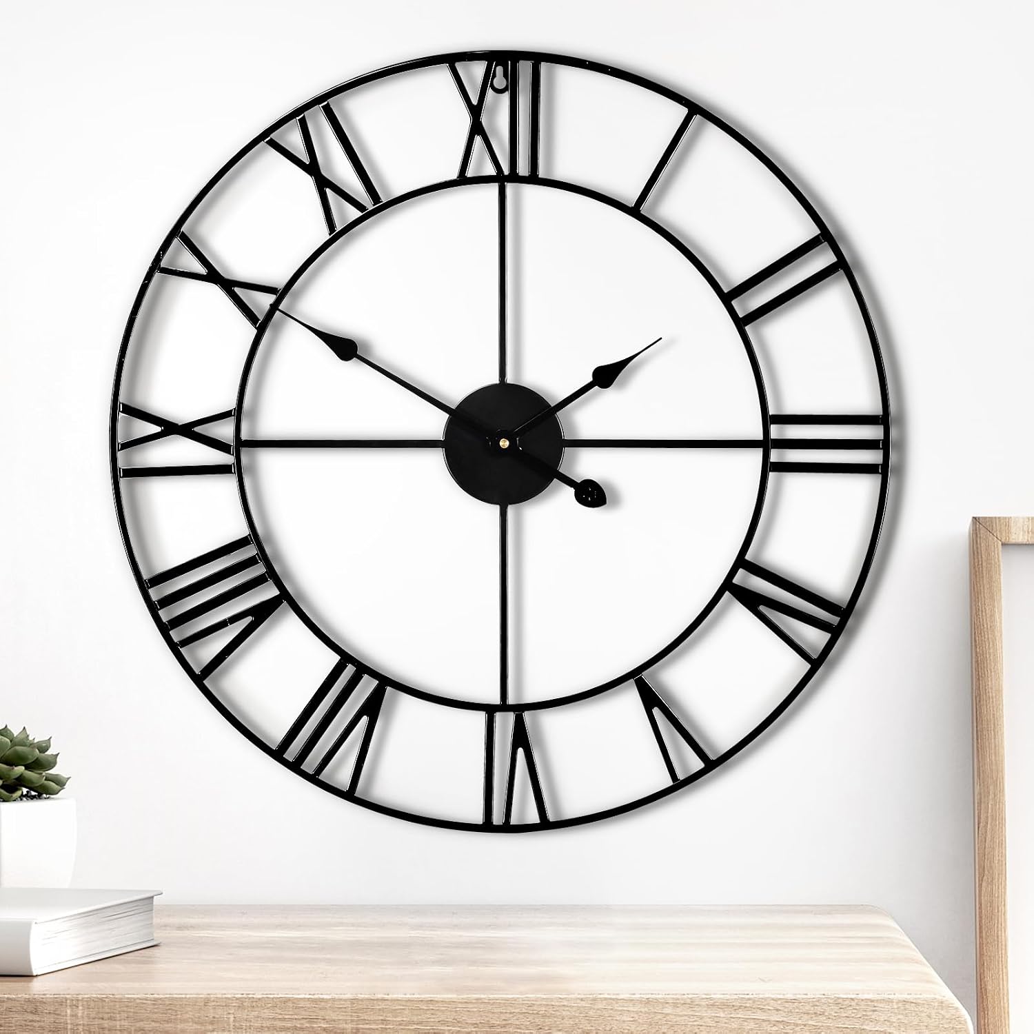 24In Large Modern Metal Wall Clocks, Round Silent Roman Numerals Big Clock, Small Tick Tock Pointer Outdoor Indoor Oversized Wall Clock for Kitchen, Living Room, Bedroom Wall Decoration - Black
