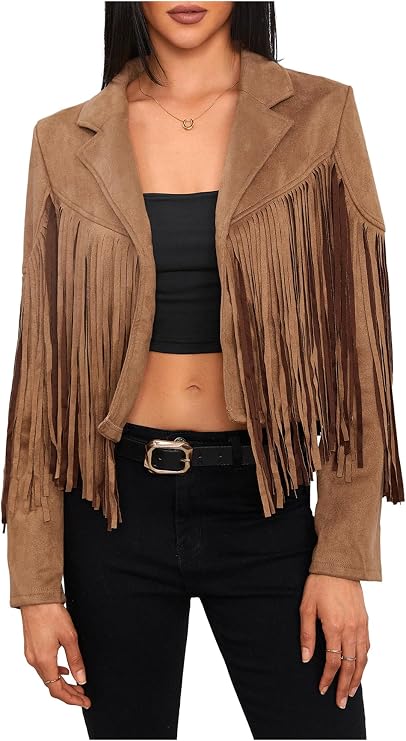 MakeMeChic Women's Faux Suede Tassel Jacket Button Down Fringe Jacket Outerwear