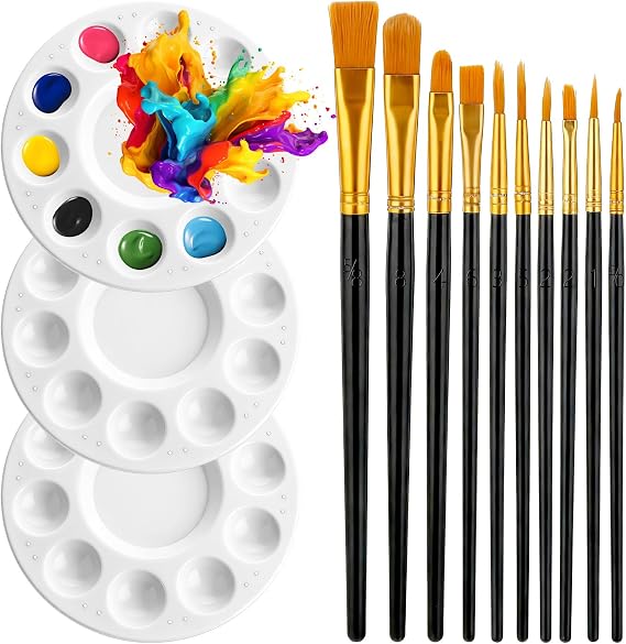 Paint Brushes Palette Set, 10PCS Black Paint Brushes & 3PCS Round Plastic Paint-Palettes, Nylon Hair Paintbrush (Assorted Sizes & Shapes) for Acrylic, Oil, Watercolor, Gouache, Tempera, Body Painting