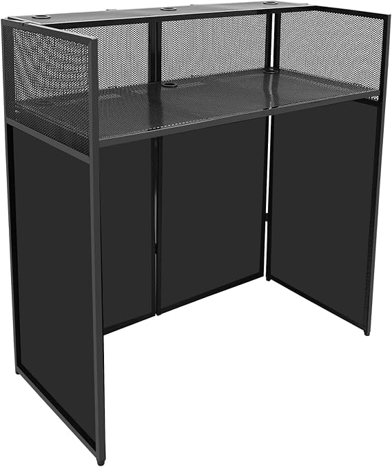 DYNAMI Portable DJ Facade Booth with With Wheels,Foldable DJ Table Station with White & Black Scrim, Folding DJ Booth DJ Event Facade Standing DJ Table with Carrying Bag (50"L x 25"W x 48"H,Black)