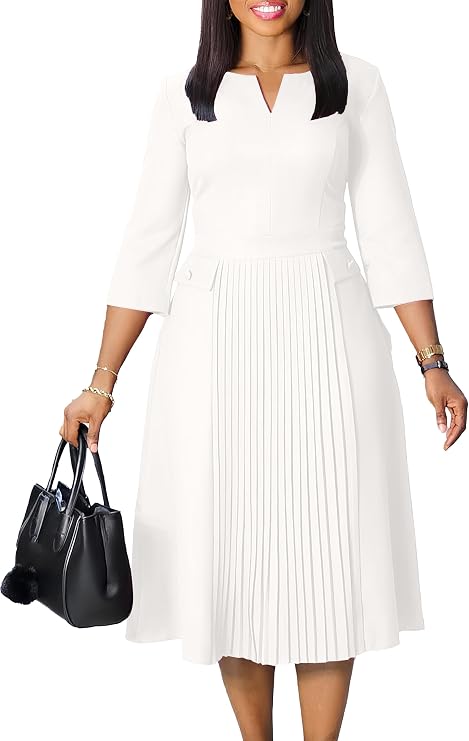 Midi Work Dress for Women Business Casual Church Pleated Dresses