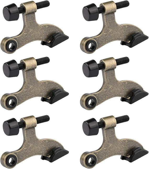 HOMOTEK 6 Pack Hinge Pin Antique Brass Door Stopper, Adjustable Deluxe Heavy Duty Door Stopper 2-1/2"x1-3/4, with Black Rubber Bumper Tips