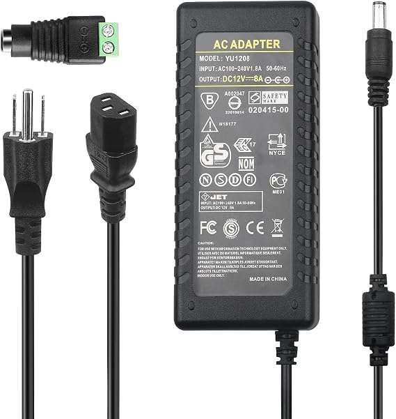 12V 8A Power Supply Adapter - LeTaoXing AC 100-240V 50/60Hz to DC 12V 7.5A 8A (Max) Power Adapter 5.5x2.5mm 12 Volt Transformers 12V/8A Universal 96W for 5050 3528 LED Strip Light CCTV Cameras