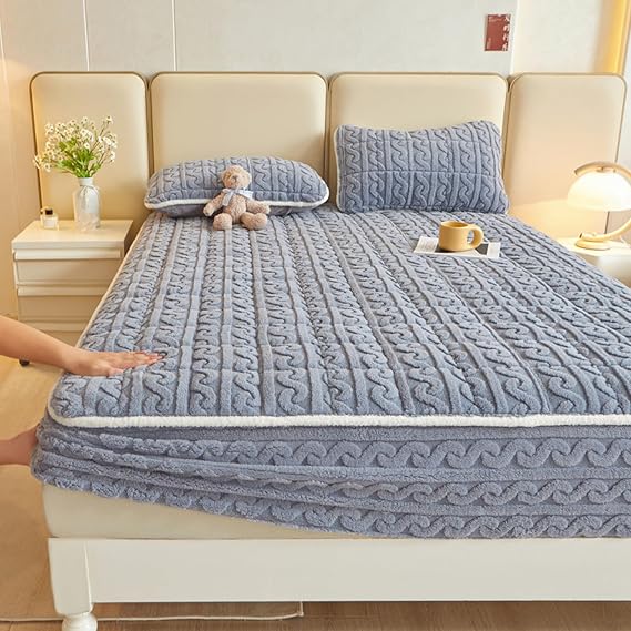 Luxury Velvet Mattress Cover Queen Size Warm Thicken Mattress Protector Bed Cover with Elastic Band Soft Fitted Sheet Deep Pocket 12In Mattress Topper for Bedroom,Blue,Pillowcase*2