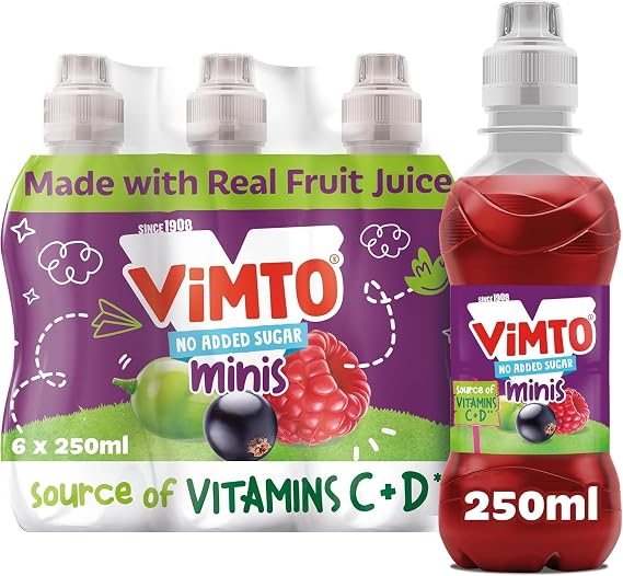 Vimto No Added Sugar Minis Mixed Fruit Juice Drink 6 x 250ml – Tropical & Berry Flavoured Juice Drinks, Low Calorie Ready-to-Drink Multipack