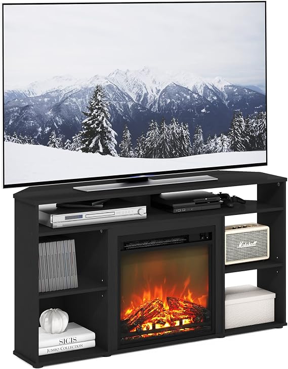 Furinno Jensen Corner TV Stand with Fireplace for TV up to 55 Inches, Americano