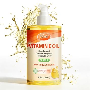 Pjordo 100% Pure Vitamin E Oil, 70,000 IU Organic Vitamin E for Scars, Skin, Face, Nails & Hair, Cold-Pressed Body Oil Nourishes & Moisturizes All Skin Types for Improving Skin Texture
