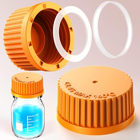 Polypropylene PP GL25 GL32 GL45 Screw Cap with Pour Ring and Silicone Gasket for Media Bottle (GL45 PP Orange 5PCS)