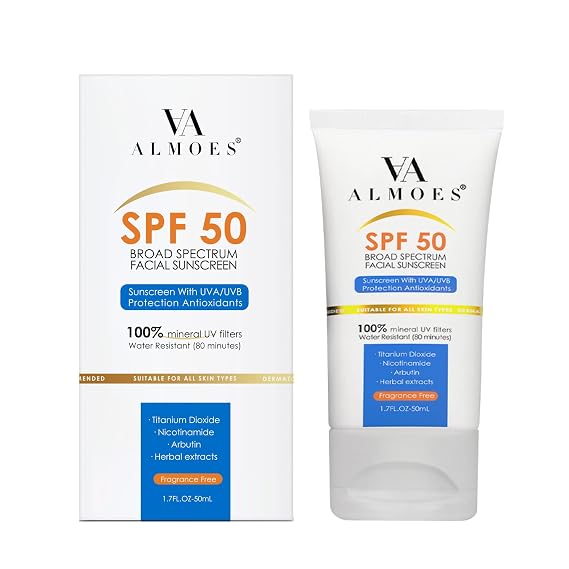 Almoes Mineral Sunscreen SPF 50 Broad Spectrum, Daily Facial Protection with Niacinamide & Centella Asiatica, Lightweight & Non-Greasy, 50g