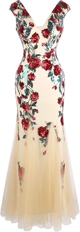 Angel-fashions Women's Deep V Neck Rose Sequin Sheath Prom Dresses