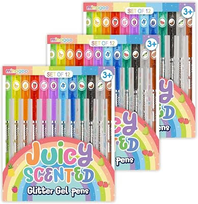 12 PCS x 3 sets Scented Glitter Color Gel Pen Smooth Writing Stationery Kit Cute Smell Good Fruit Flavors Coloring for Girls Kids Art Crafts School Stocking Stuffers 3 SETS Scented Glitter