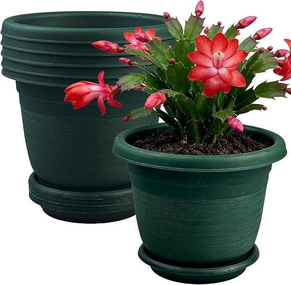 Plastic Plant Pots Indoor Outdoor 6 Pack 15.5cm/6.1-in Flower Pots with Drainage Holes and Tray, Modern Decorative Planter Pot for All House Plants - Green