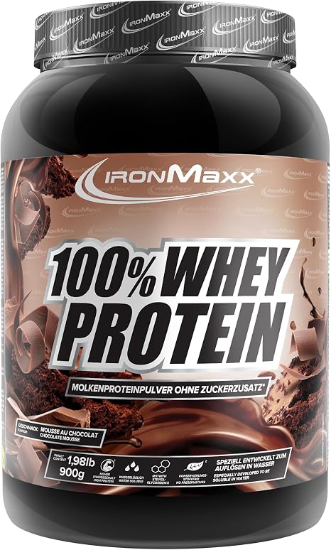 IronMaxx 100% Whey Protein Powder 900 g - Mousse au Chocolate Creamy Protein Shake with BCAAs & EAAs High Protein Low Carb & Low Sugar Ideal for Muscle Building & Fitness