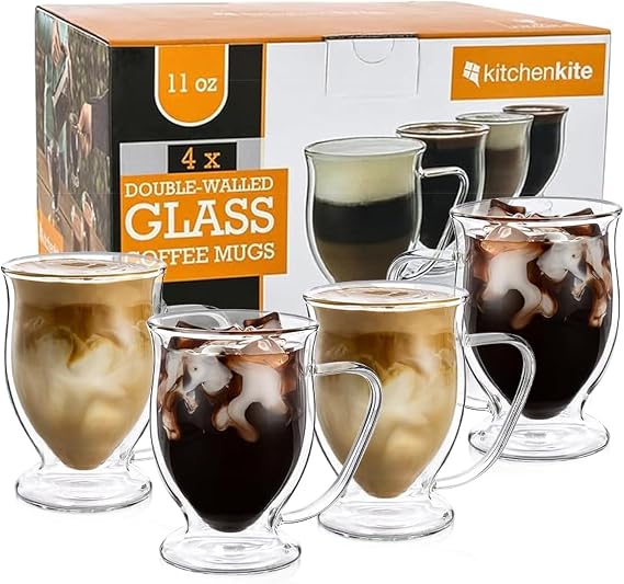 Kitchen Kite Double Wall Glass Coffee Mugs 11oz Set of 4, Insulated Borosilicate Glass Coffee Cups with Handle - Dishwasher & Microwave Safe Clear Mugs for Cappuccino, Latte, Espresso, Tea