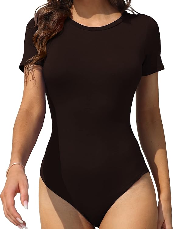 LAOLASI Women's Crew Neck Round Neck Short Sleeves Slim Fit Casual Basic Extender Bodysuit Daily Jumpsuit T Shirts
