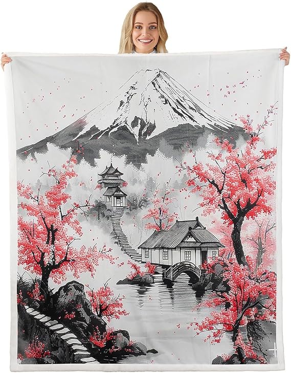Erosebridal Japanese Ukiyo Throw Blanket Twin 60"X80" Mount Fuji Cherry Blossom Sherpa Blanket Ink Painting Style Japanese Fleece Blanket for Kids Adults Sakura Flower Vintage Plush Bed Blanket