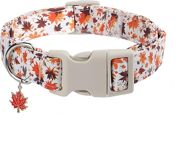 Adjustable Fall Dog Collar with Maple Leaf Charm - Durable Soft Fabric Collar for Small/Medium/Large Dogs, Perfect for Autumn Walks & Family Photos (Maple Leaves, XS)