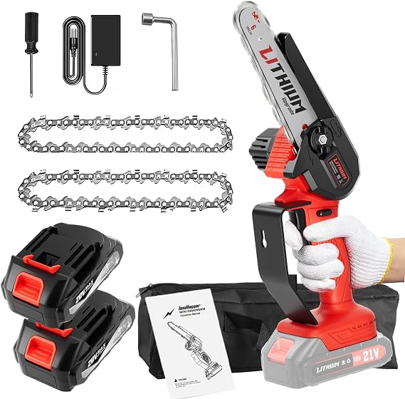 6-inch chainsaw with 2 large capacity batteries and 3 chains, cordless mini chainsaw for logging, tree trimming, DIY projects, gardening, camping