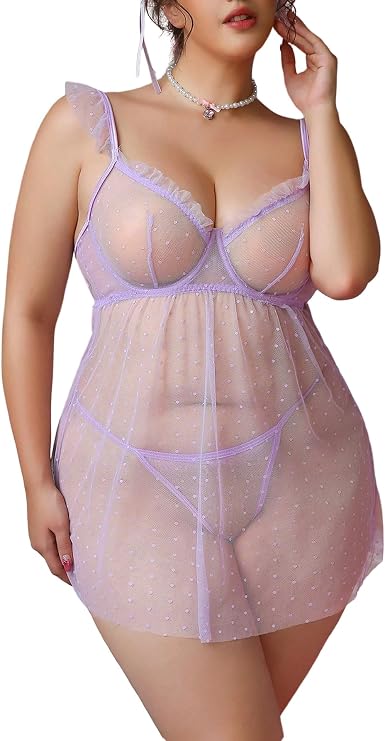 OYOANGLE Women's Plus Size Lace Sheer Mesh Babydoll Lingerie Polka Dots Chemise Nightgowns with Thongs Sleepwear