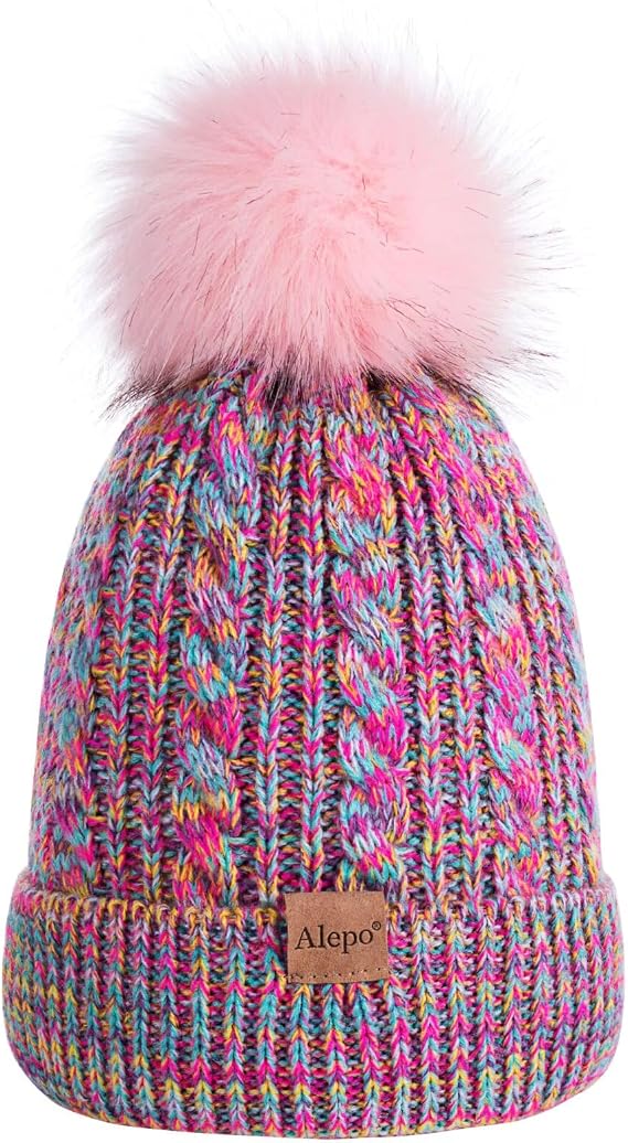 Alepo Kids Winter Beanie Hat, Children's Warm Fleece Lined Knit Thick Ski Cap with Pom Pom for Boys Girls