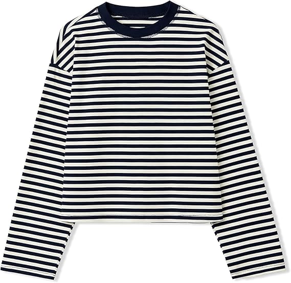 Striped Bloom Long Sleeve Shirt for Women Boxy Tee Top Streetwear