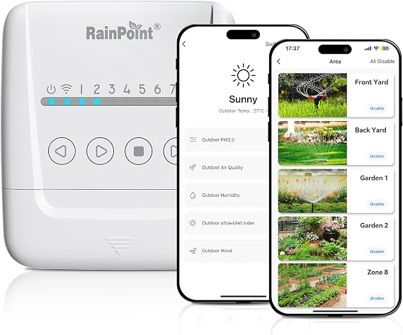 RAINPOINT Smart Sprinkler Controller, WiFi Sprinkler Controller 8 Zone-Local Weather Intelligence, Programmable Smart Irrigation System with APP Remote Control, Rain Skips, Rain Sensor Compatibility