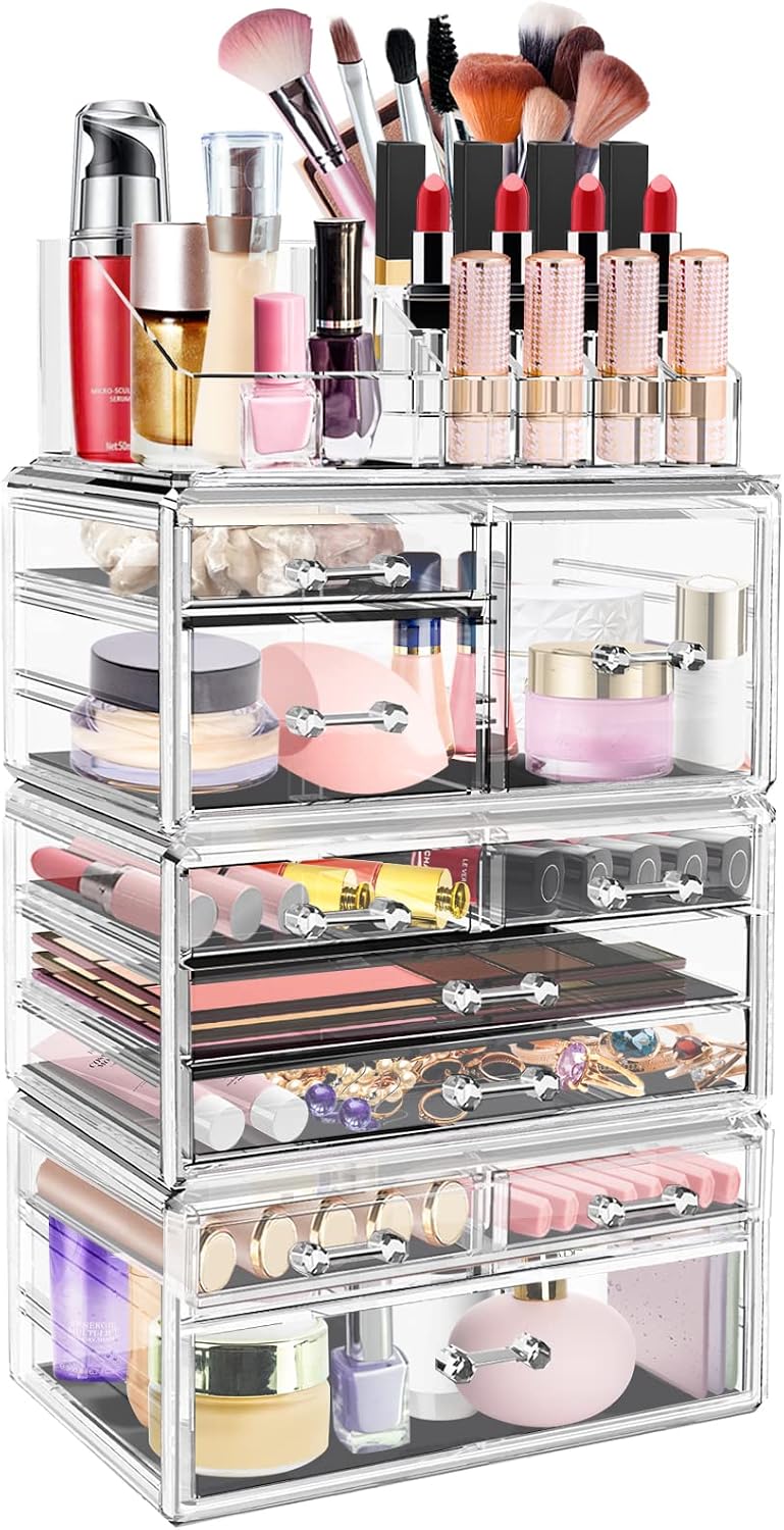 Clear Makeup Organizer, Acrylic Cosmetic Storage Drawers and Jewelry Display Box with 9 Large Drawers, Stackable Cosmetic Display Case for Skin Care Bathroom Dresser Vanity Countertop