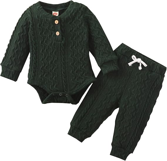 Newborn Baby Boy Girl Clothes Ribbed Knitted Cotton Long Sleeve Romper Long Pants Solid Color Fall Winter Outfits