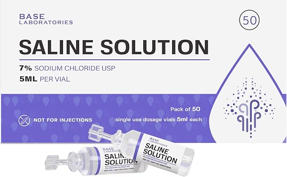 BASE LABORATORIES 7% Saline Solution Vials - Versatile 7% Sodium Chloride Saline Ampoules - Preservative Free Saline Solution Single use vials - USP Grade 50 Vials x 5ml Count