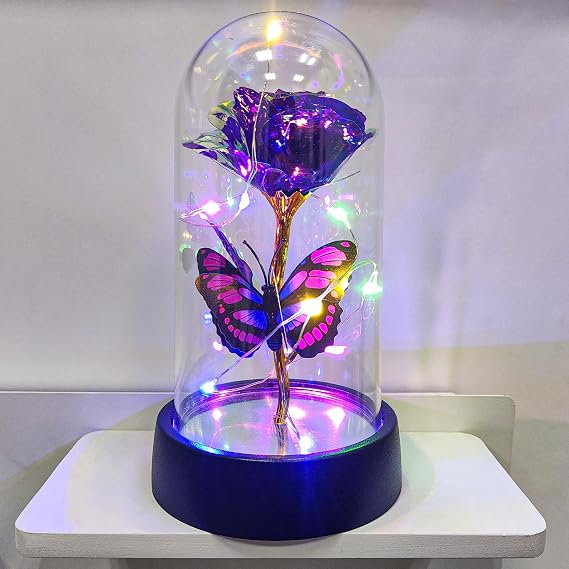 YXOTJHS Glass Rose in Glass Dome, Light Up Led Flower, Purple Butterfly