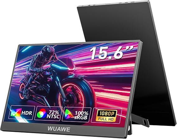 WUAWE Portable Monitor 15.6 Inch, 72% NTSC 100% sRGB USB C HDMI Travel Monitor for Laptop with Built-in Stand, HDR Freesync Low Blue Light for PC Mac Phone PS5 Switch.