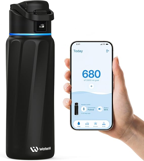 WaterH BOOST Smart Water Bottle Tracker with Reminder, Black, 32oz