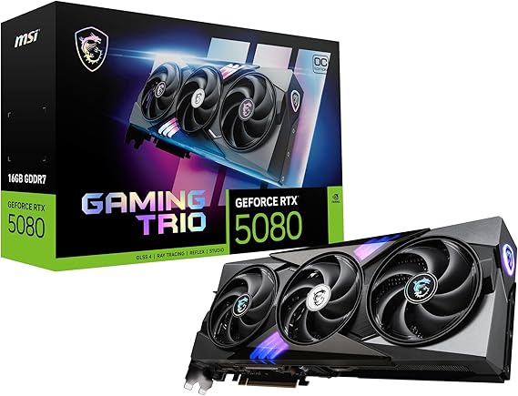 MSI GeForce RTX 5080 16G GAMING TRIO OC Graphics Card - RTX 5080 GPU, 16GB GDDR7 (30Gbps/256-bit), PCIe 5.0 - TRI FROZR 4 (3 x STORMFORCE Fan), Gaming & Silent mode, RGB - HDMI 2.1b, DisplayPort 2.1b