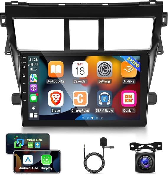 [2G+32G] Car Radio for Toyota Vios Yaris 2007-2012, 9 inch Android 11 Touch Screen Stereo, Carplay/Android Auto/Mirror Link/1080P/SWC/Bluetooth/WiFi +AHD Backup Camera+MIC