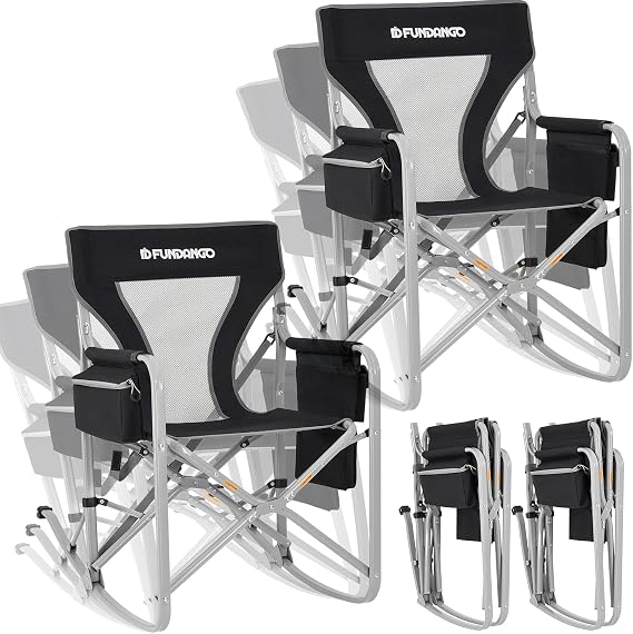 FUNDANGO Camping Rocking Chairs Portable Outdoor Rocker Director Chair with Carry Bag for Outdoor, Porch, Backyard, Patio, Lawn, Garden(Black/Grey)