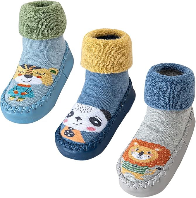 SEAUR 3 Pairs Toddler Slipper Socks Anti Skid Baby Sock Shoes for Walking Infant Moccasins Animal Crib Shoes Sock With Grips