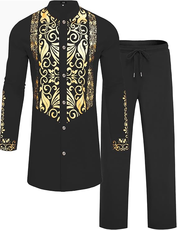 Mens African 2 Piece Sets Dashiki Metallic Traditional Suit Gold Stamp Printed Shirt and Pants Outfit