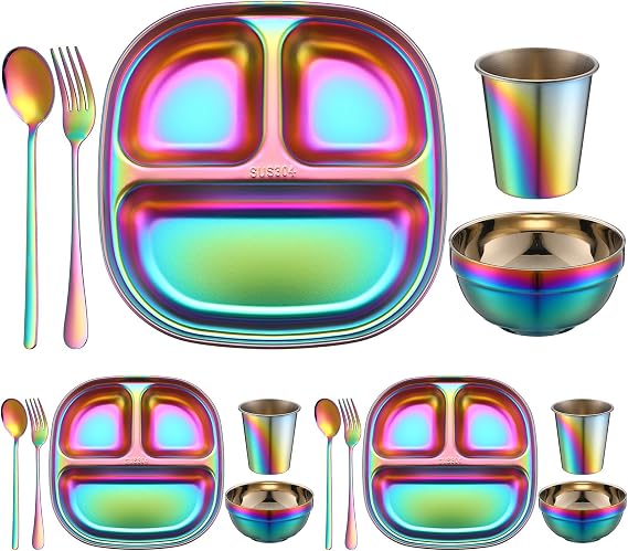 Tioncy 15 Pcs Stainless Steel Kids Dinner Set, Bowls, Balanced Bites Divided Plates, Cups, Spoons and Forks, Stainless Steel Lunch Plates Dinnerware Set for Kids Toddlers (Classic)